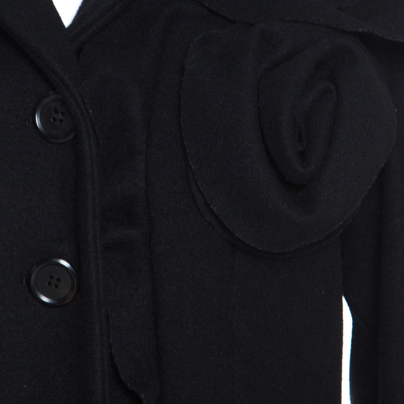 Moschino Black Wool Ruffled Trim Rosette Applique Button Front Long Coat M