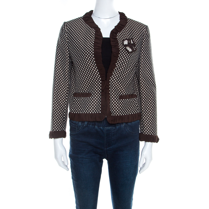 Image of Moschino Brown Dobby Jacquard Cotton Blend Ruffled Trim Blazer M