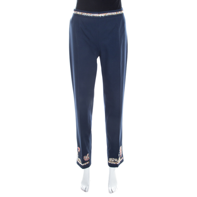 Moschino navy blue cotton embroidered embellished detail fitted trousers m