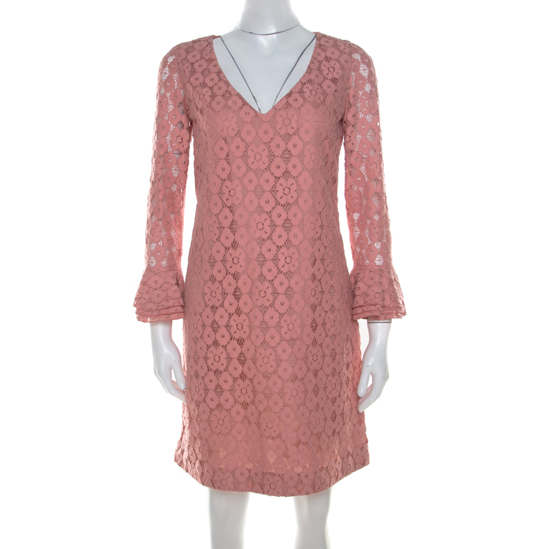Image of Moschino Cheap and Chic Pink Lace Frilled Sleeve Shift Dress S