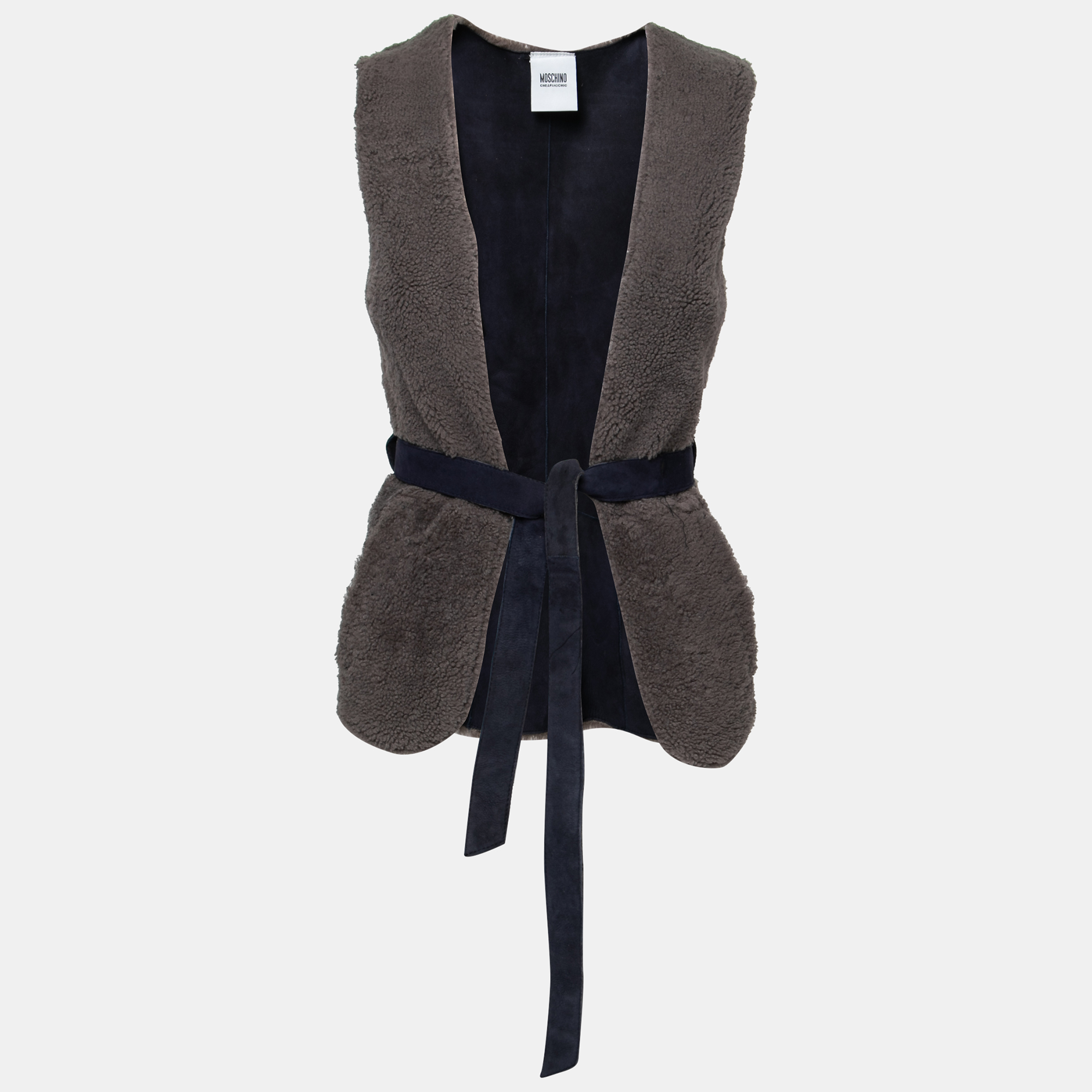 Moschino cheap and chic gray lamb fur leather lined belted gilet s