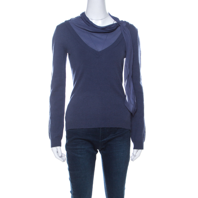 Image of Moschino Blue Cashmere Blend Silk Chiffon Neck Scarf Detail Sweater S