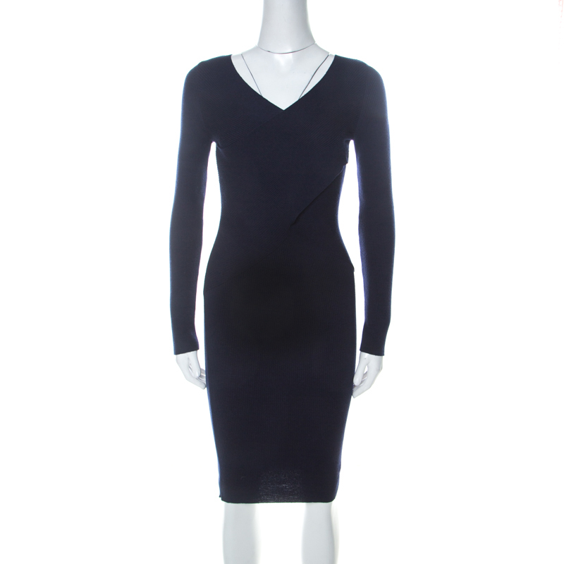 Image of Moschino Navy Blue Rib Knit Wrap Bodice Long Sleeve Midi Dress S