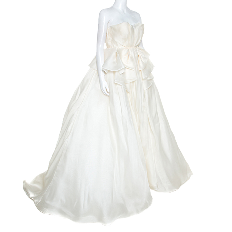 

Moschino Couture White Silk Organza Bow Detail Strapless Wedding Gown