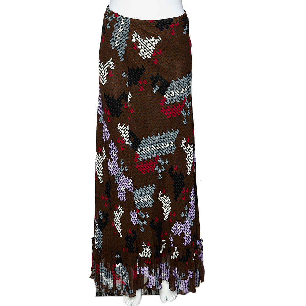 Moschino Cheap & Chic Multicolor Printed Crepe Ruffled Hem Maxi Skirt M