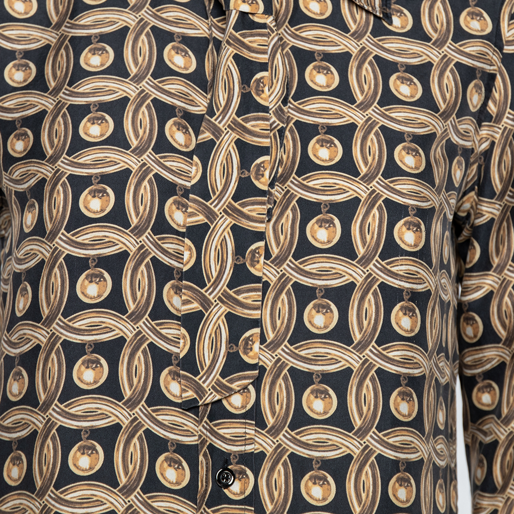 Moschino Gold Printed Silk Neck Tie Detail Button Front Shirt M