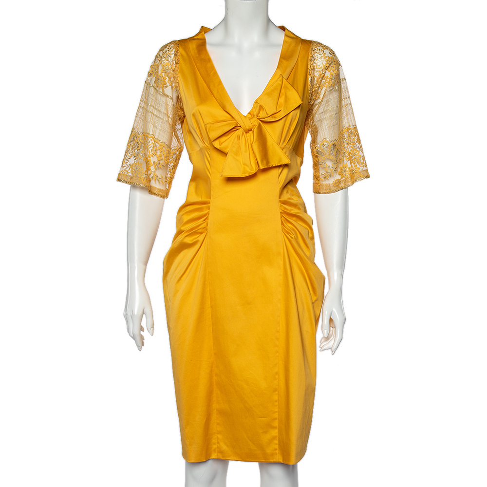 Moschino yellow cotton and lace sleeve bow detail midi dress m