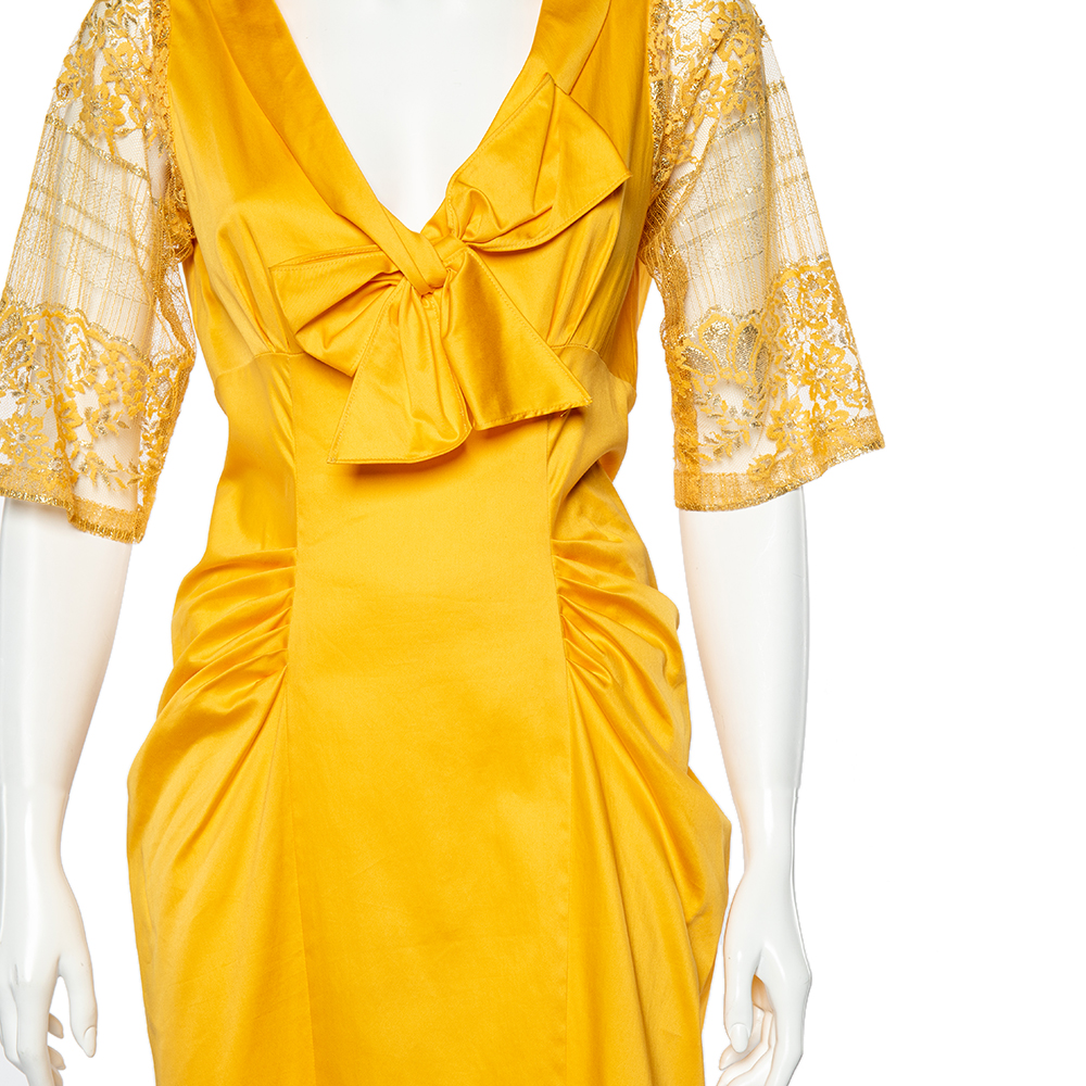 Moschino Yellow Cotton And Lace Sleeve Bow Detail Midi Dress M