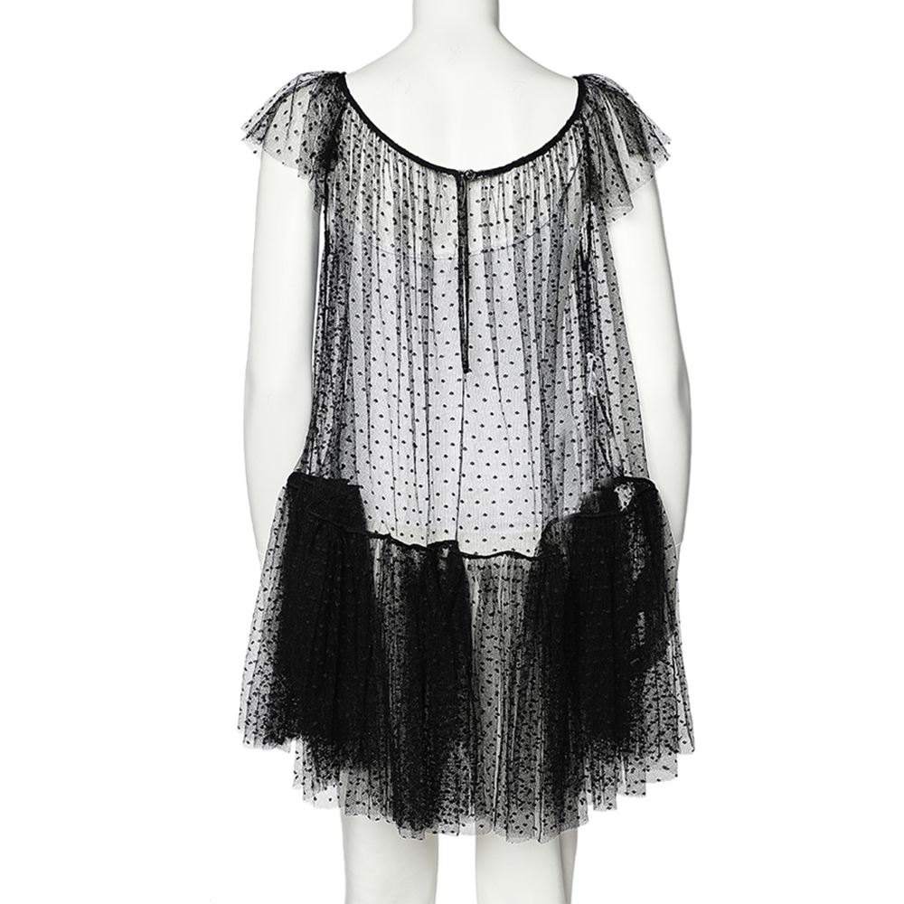 Moschino Black Tulle Ruffled Hem Bow Detail Sheer Mini Dress S