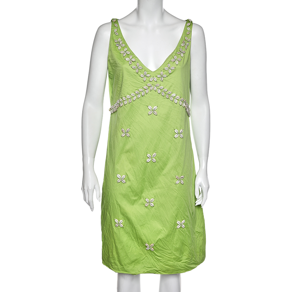Moschino Cheap & Chic Green Cotton Shell Appliqué Sleeveless Dress L