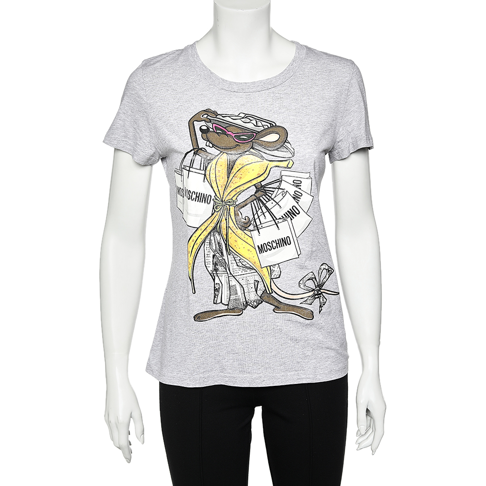 Moschino Grey Shopaholic Mouse Printed Cotton T-Shirt L
