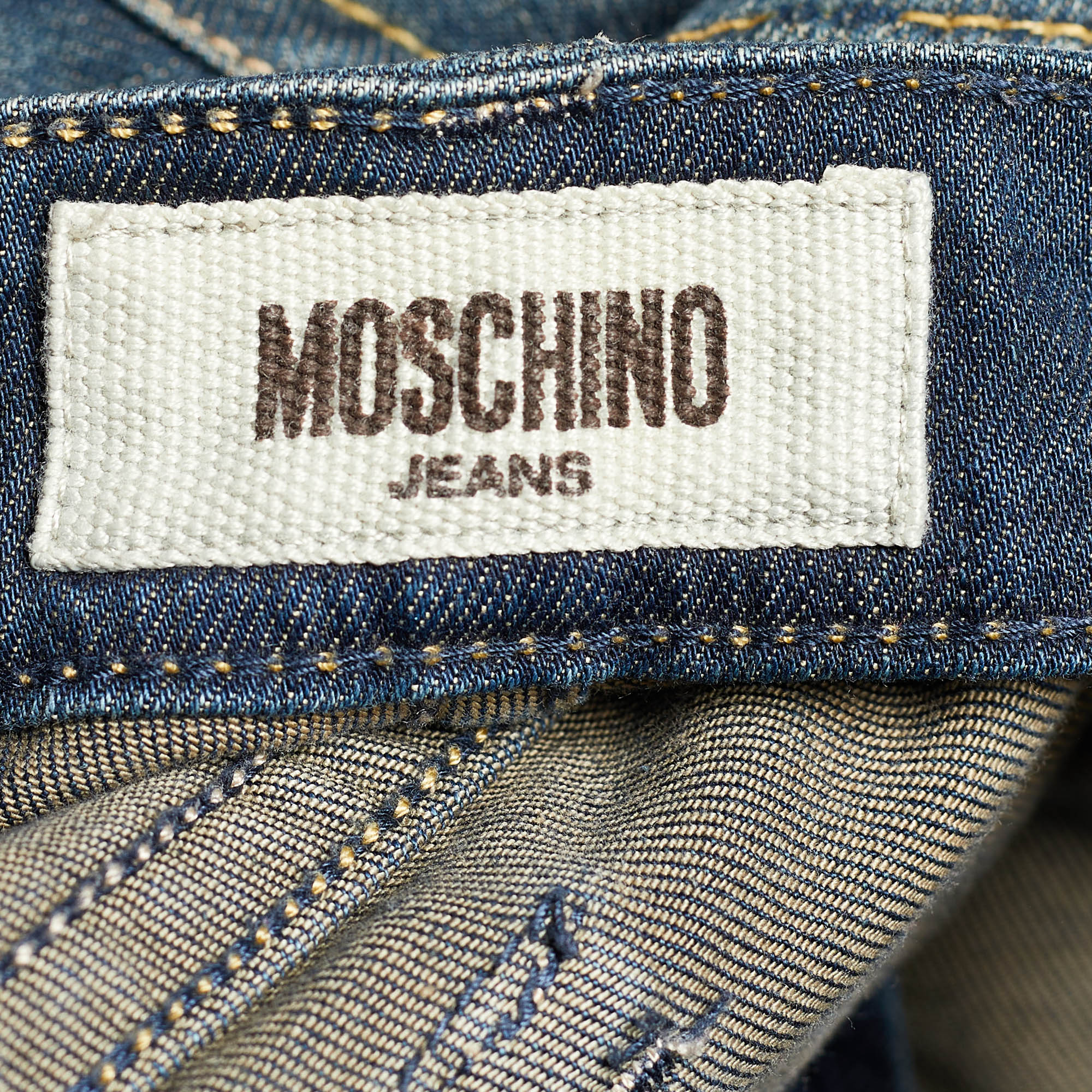 Moschino Jeans Navy Blue Embroidered Denim Distressed Jeans L