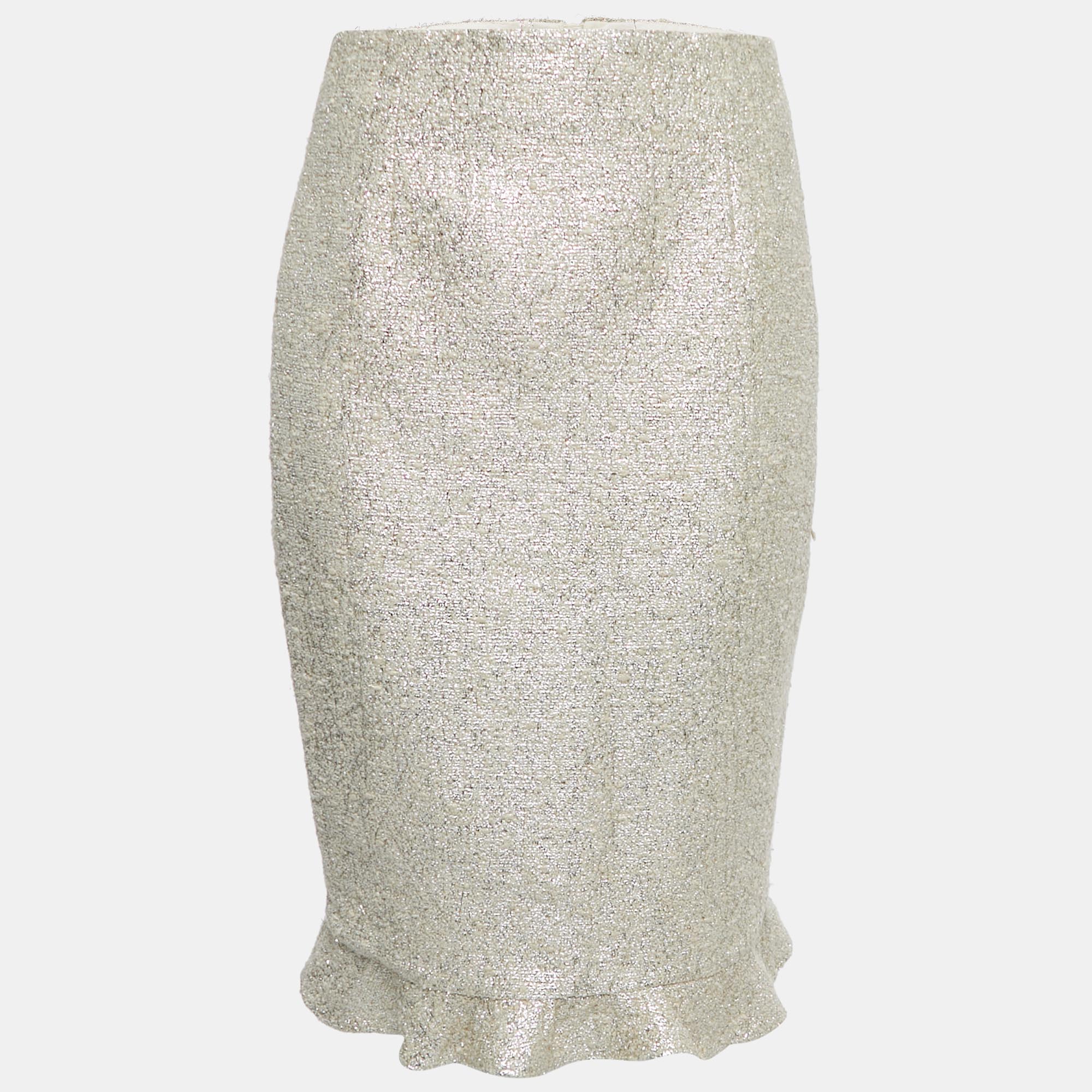 Moschino Metallic Tweed Ruffle Detail Knee Length Skirt M