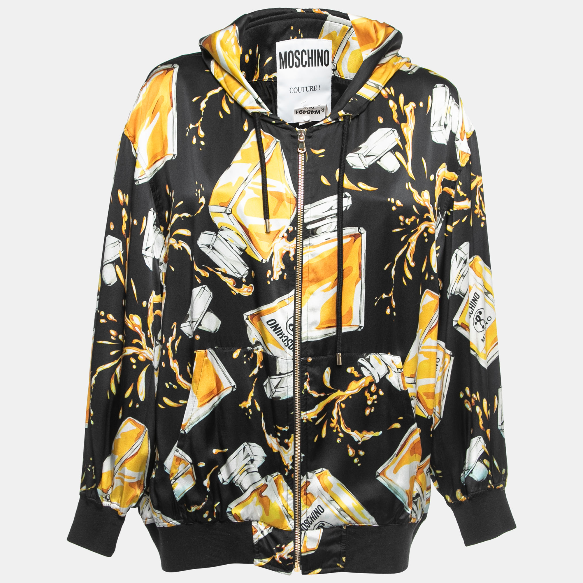 Moschino Black/Yellow Spilled Perfume Bottle Print Silk Zip Front Hooded Jacket M