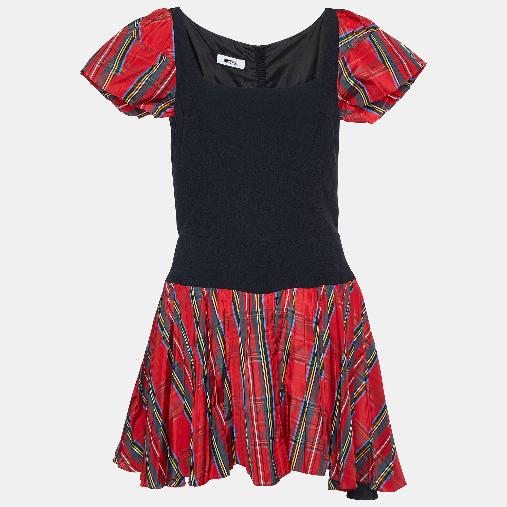 Moschino Black Crepe & Red Plaid Polyester Skirt Detail Mini Dress M