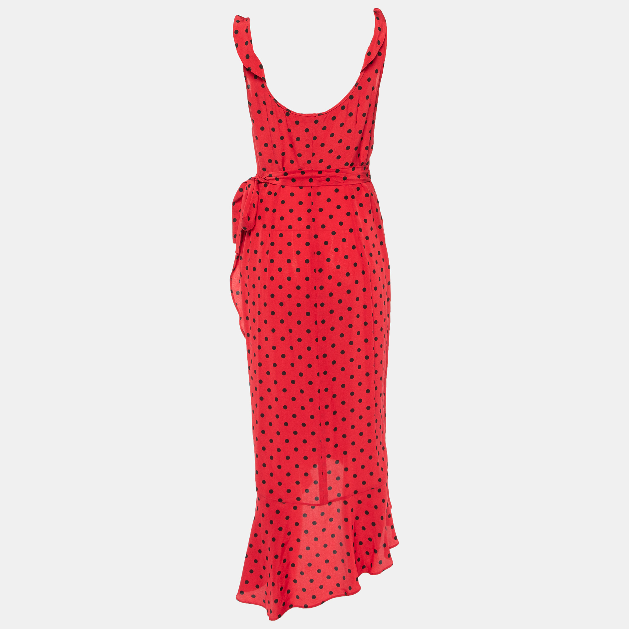 

Moschino Red Polka Dot Printed Silk Ruffled Midi Wrap Dress