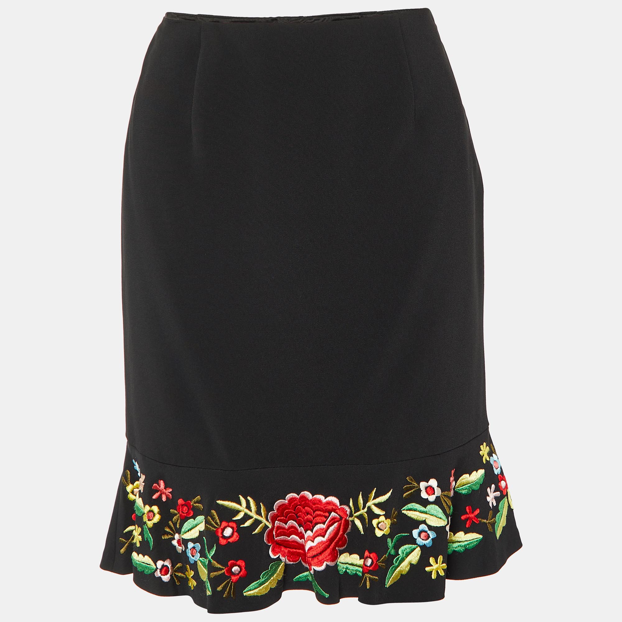 Moschino Black Crepe Embroidered Flared Hem Mini Skirt M