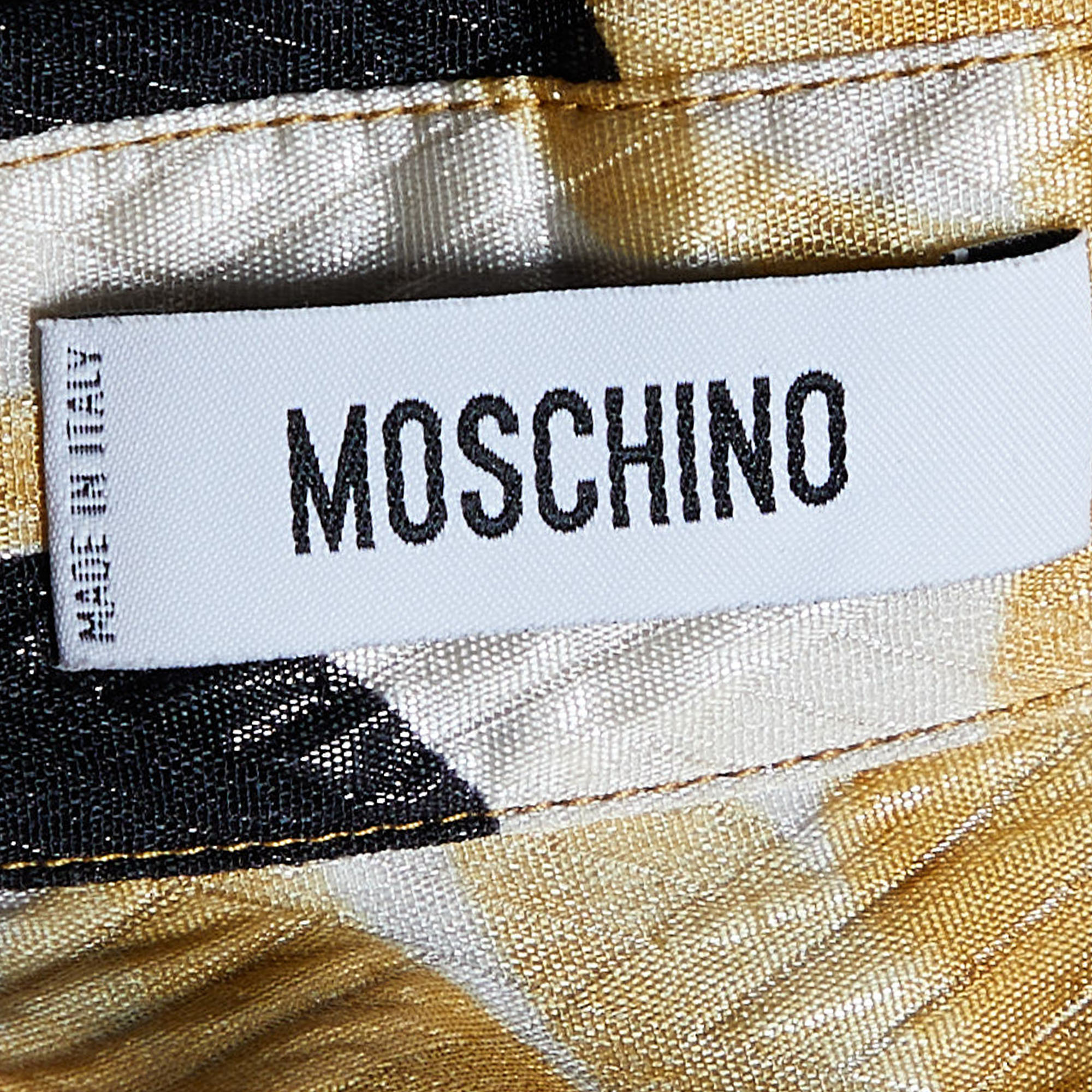 Moschino Yellow Printed Silk Lame Drape Detail Mini Dress L