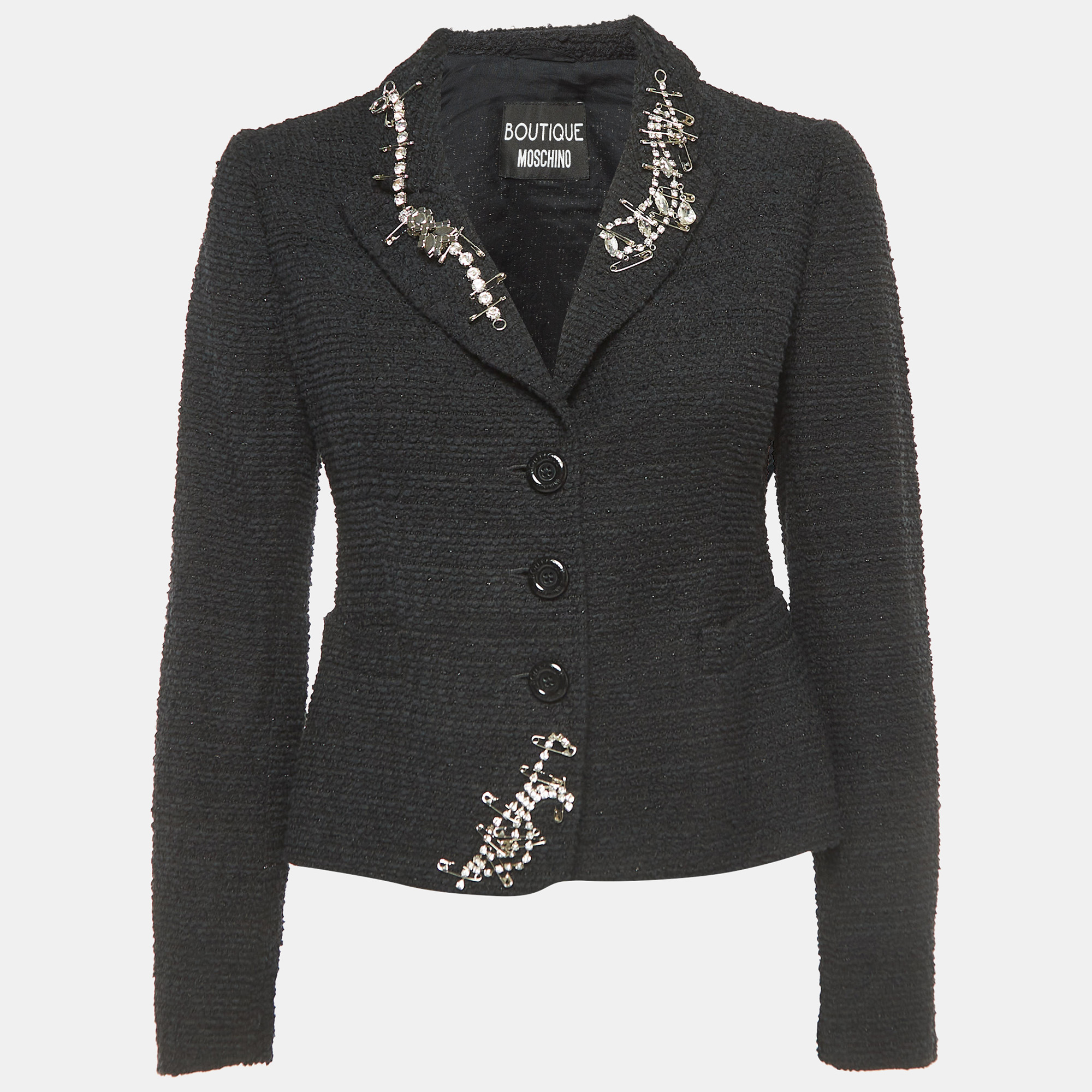 Moschino Black Tweed Embellished Single Breasted Blazer S