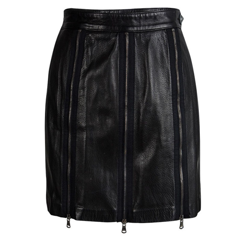 Image of Moschino Black Zip Detail Leather Skirt S