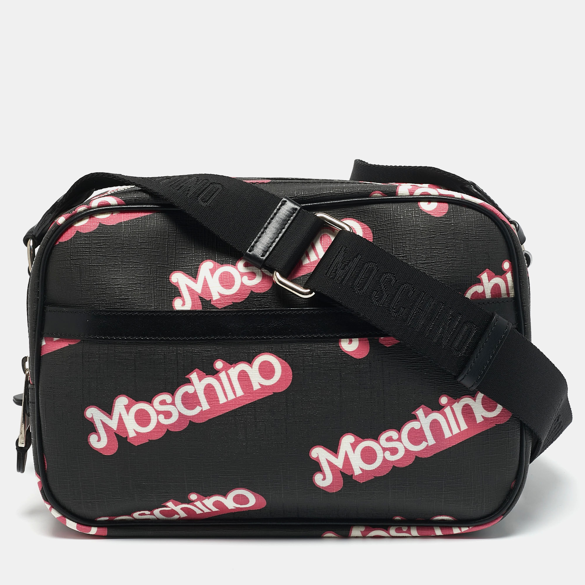 Moschino Black/Pink Coated Canvas and Leather Barbie Logo Crossbody Bag
Moschino Black/Pink Coated Canvas and Leather Barbie Logo Crossbody Bag