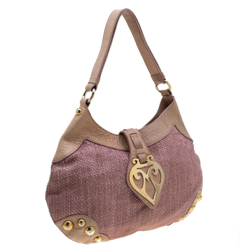Moschino Pink/Beige Jute And Leather Hobo