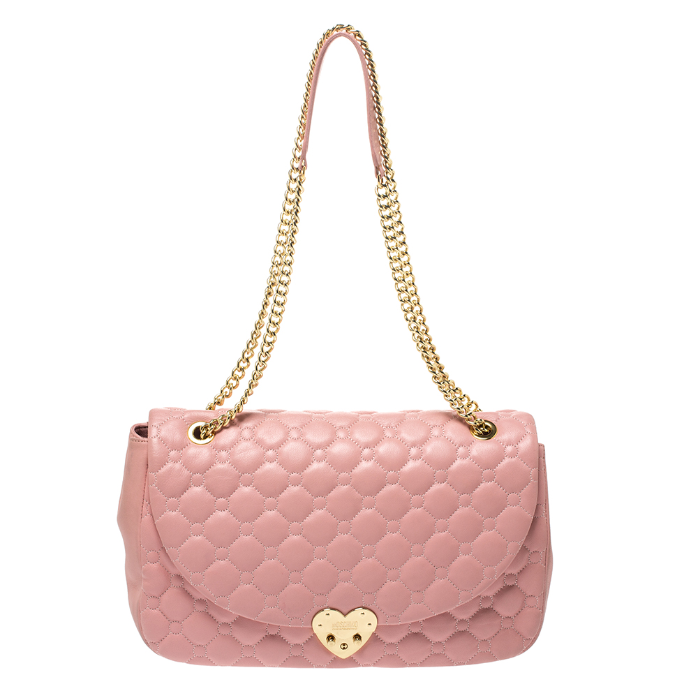 Image of Moschino Pink Quilted Leather Heart Clasp Shoulder Bag