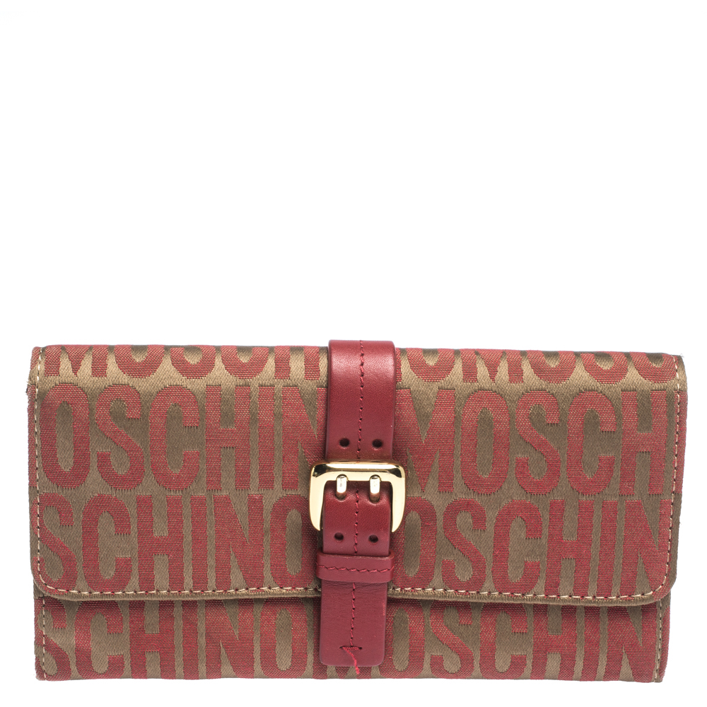 Image of Moschino Red/Beige Signature Fabric and Leather Buckle Flap Wallet