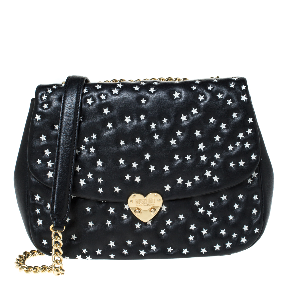 Image of Moschino Black Star Embroidered Leather Flap Heart Lock Chain Bag