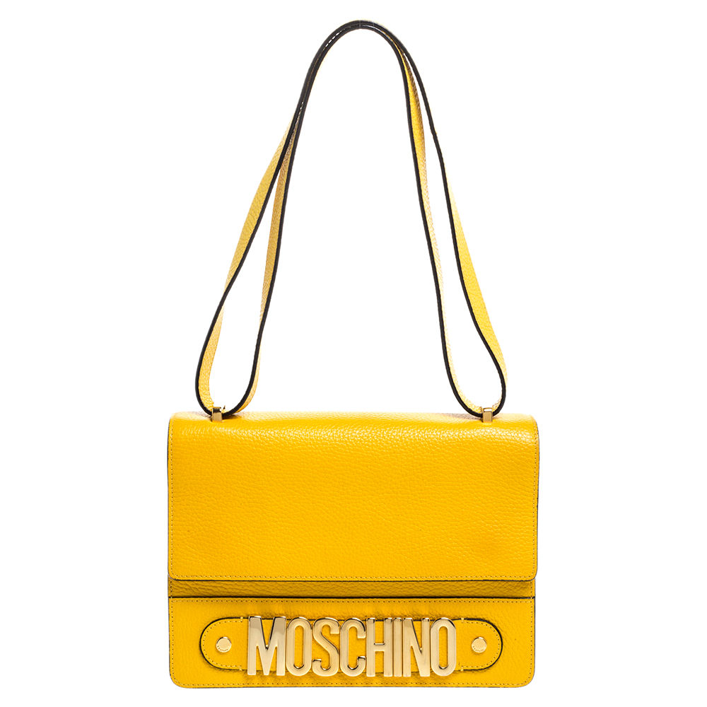 Image of Moschino Mustard/Yellow Grained Leather Logo Flap Shoulder Bag