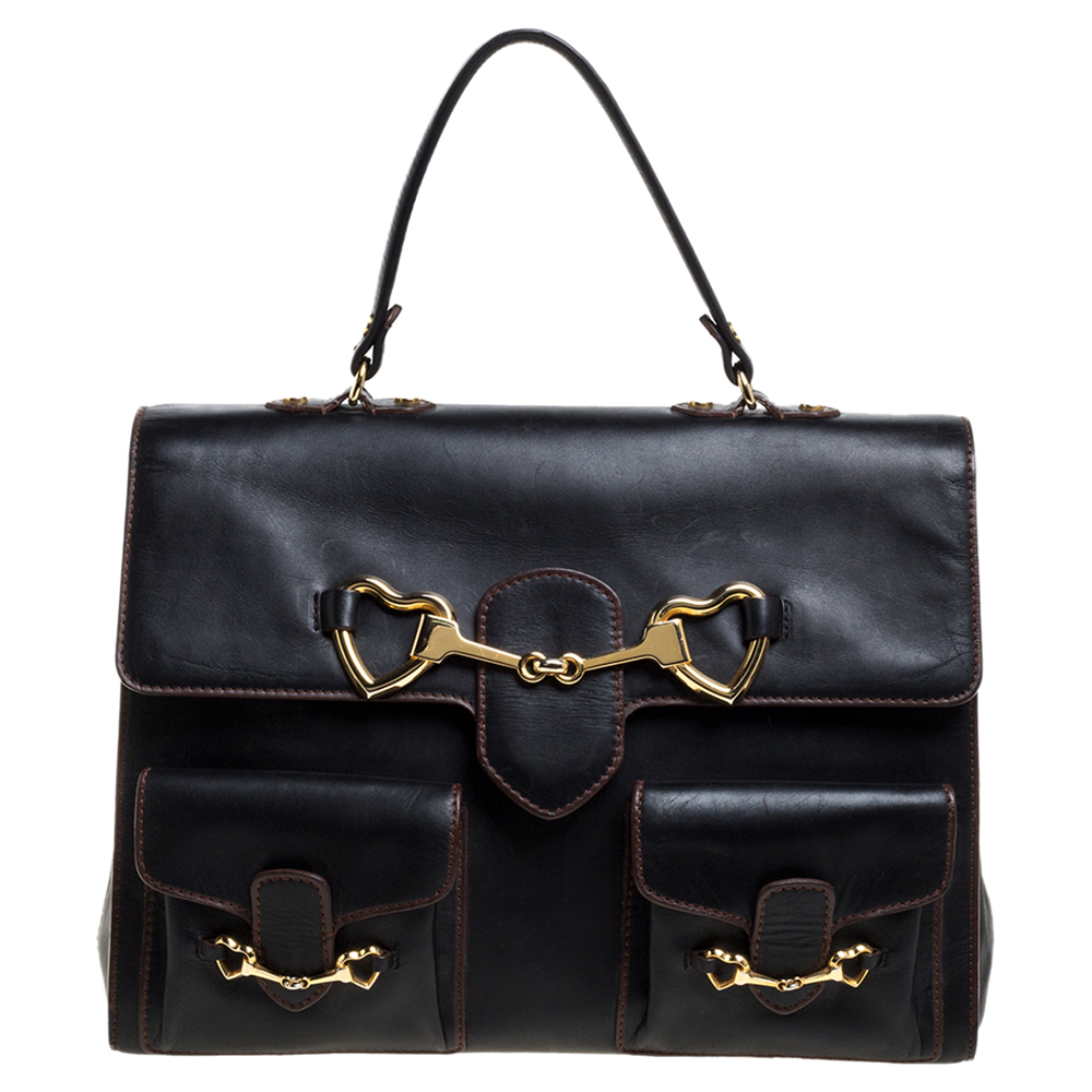 Image of Moschino Black Leather Heart Buckle Double Flap Top Handle Bag