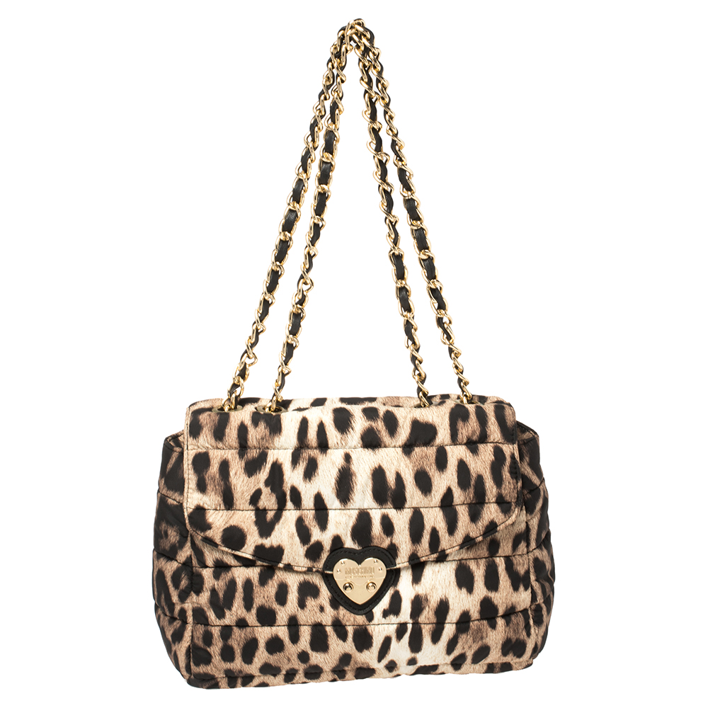 Image of Moschino Brown Leopard Print Satin Flap Shoulder Bag