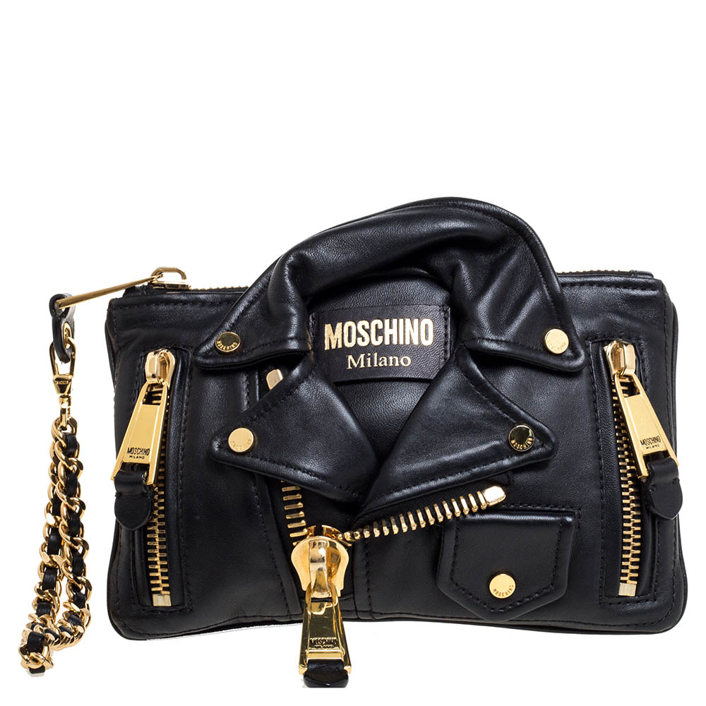 Image of Moschino Black Leather Jacket Wristlet Clutch