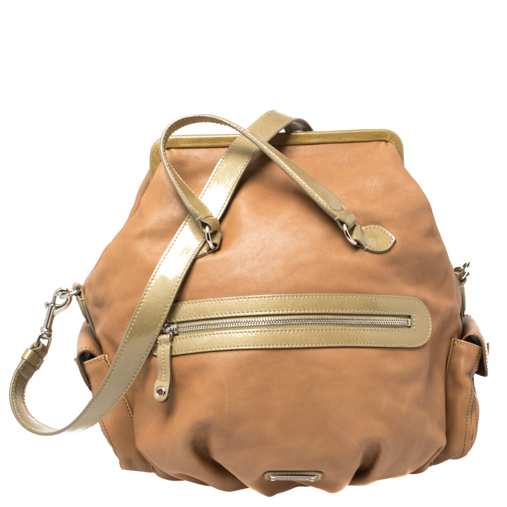Image of Moschino Brown/Green Patent and Leather Kisslock Frame Shoulder Bag