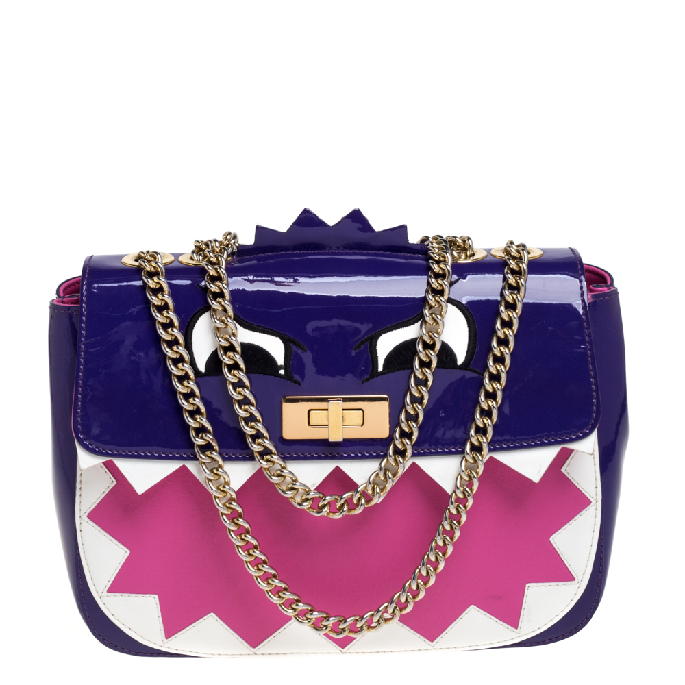 Moschino Multicolor Patent Leather Bird Face Flap Shoulder Bag