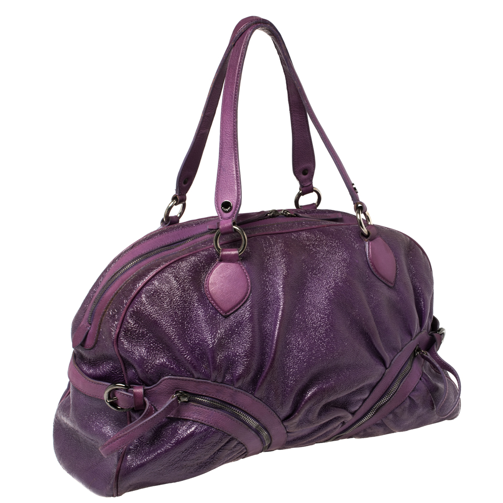 Moschino Purple Crinkled Patent Leather Double Zip Pocket Duffel Bag