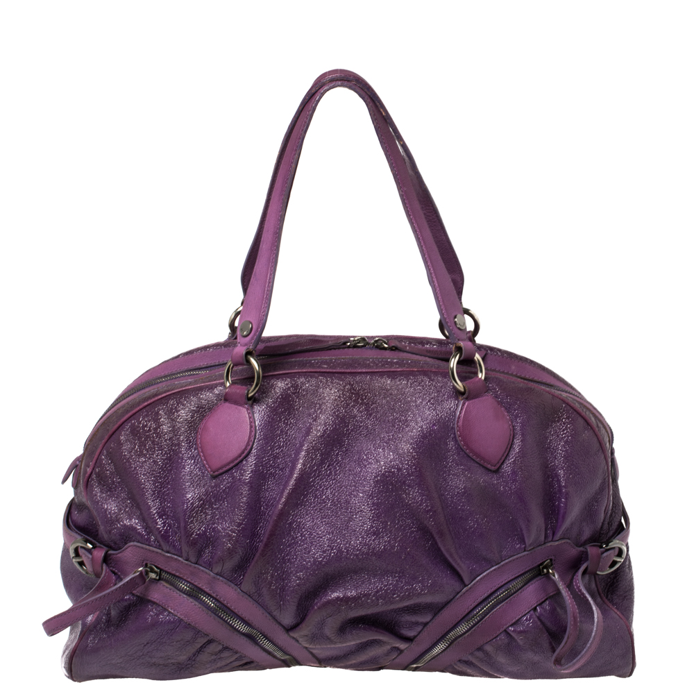 Moschino purple crinkled patent leather double zip pocket duffel bag