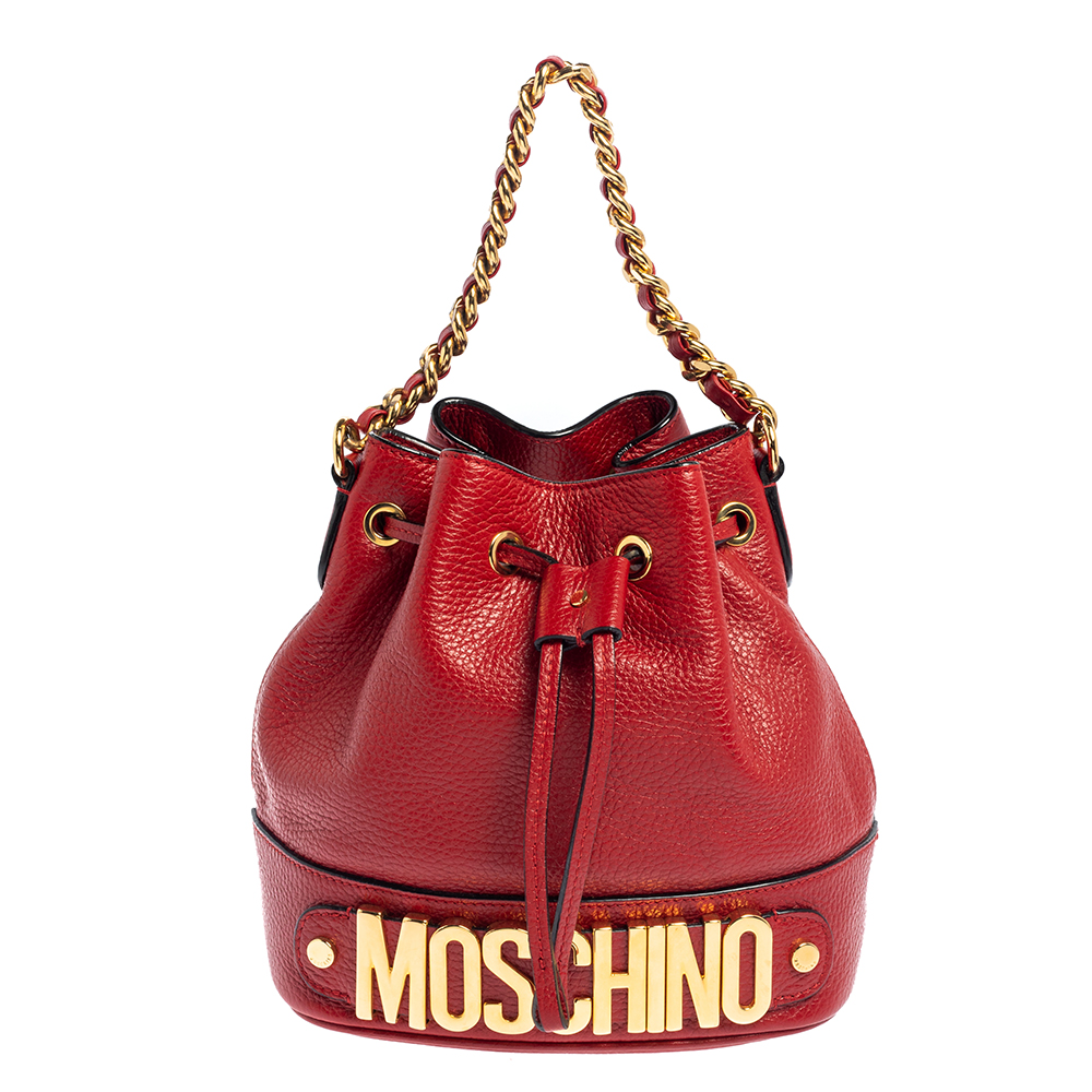 Moschino Red Leather Logo Drawstring Bucket Bag