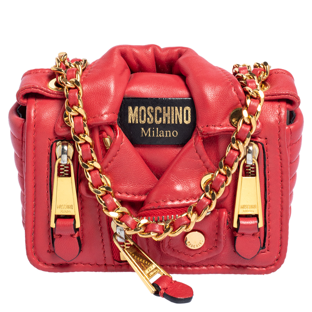 Moschino Red Leather Biker Jacket Crossbody Bag