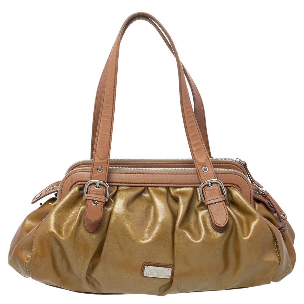 Moschino Metallic Gold/Brown Patent And Leather Satchel