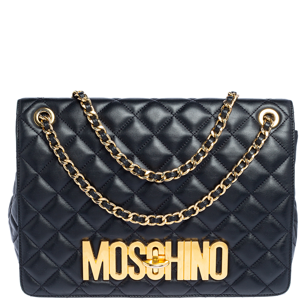 Moschino Black Quilted Leather Logo Flap Shoulder Bag