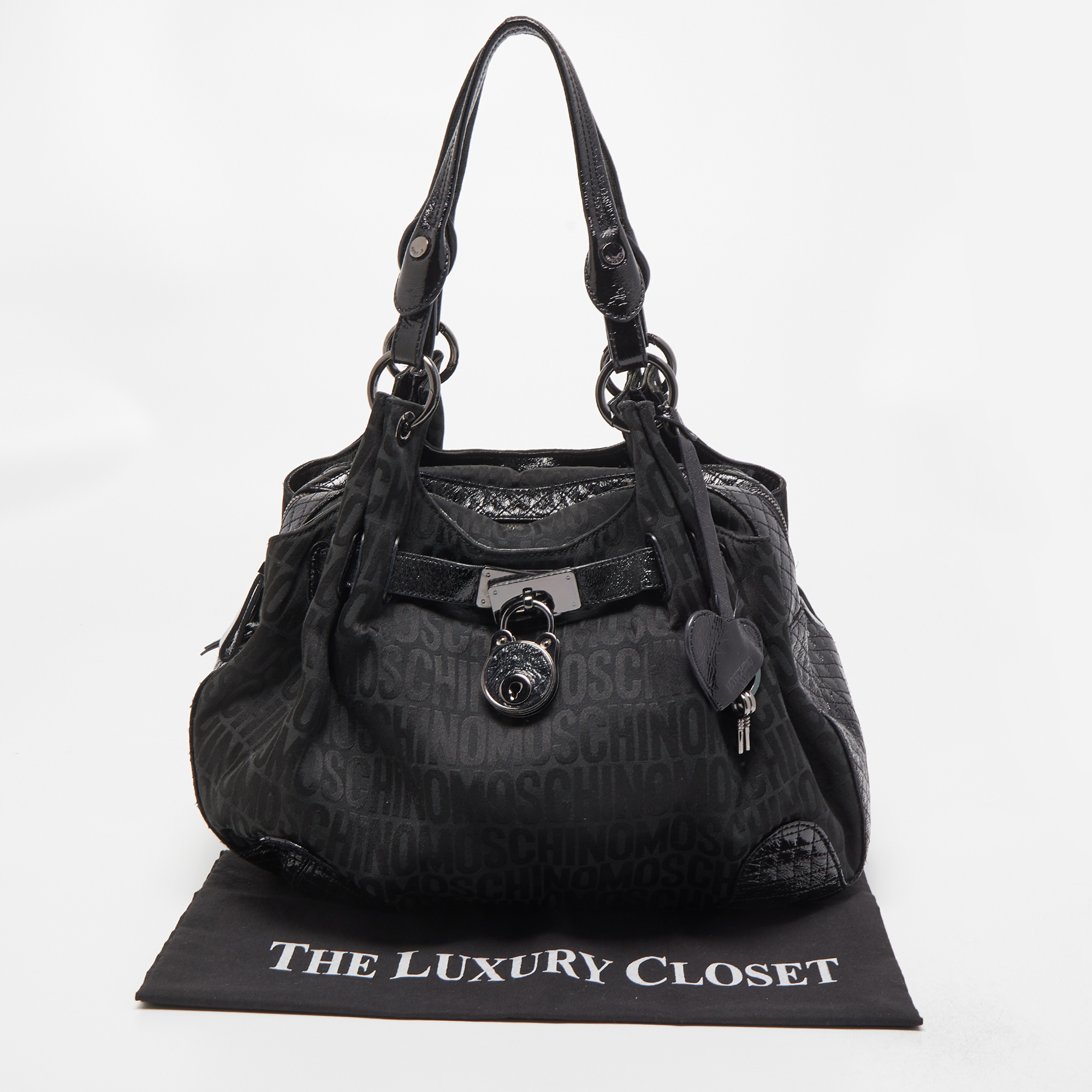 Moschino Black Jacquard Canvas And Patent Leather Padlock Hobo