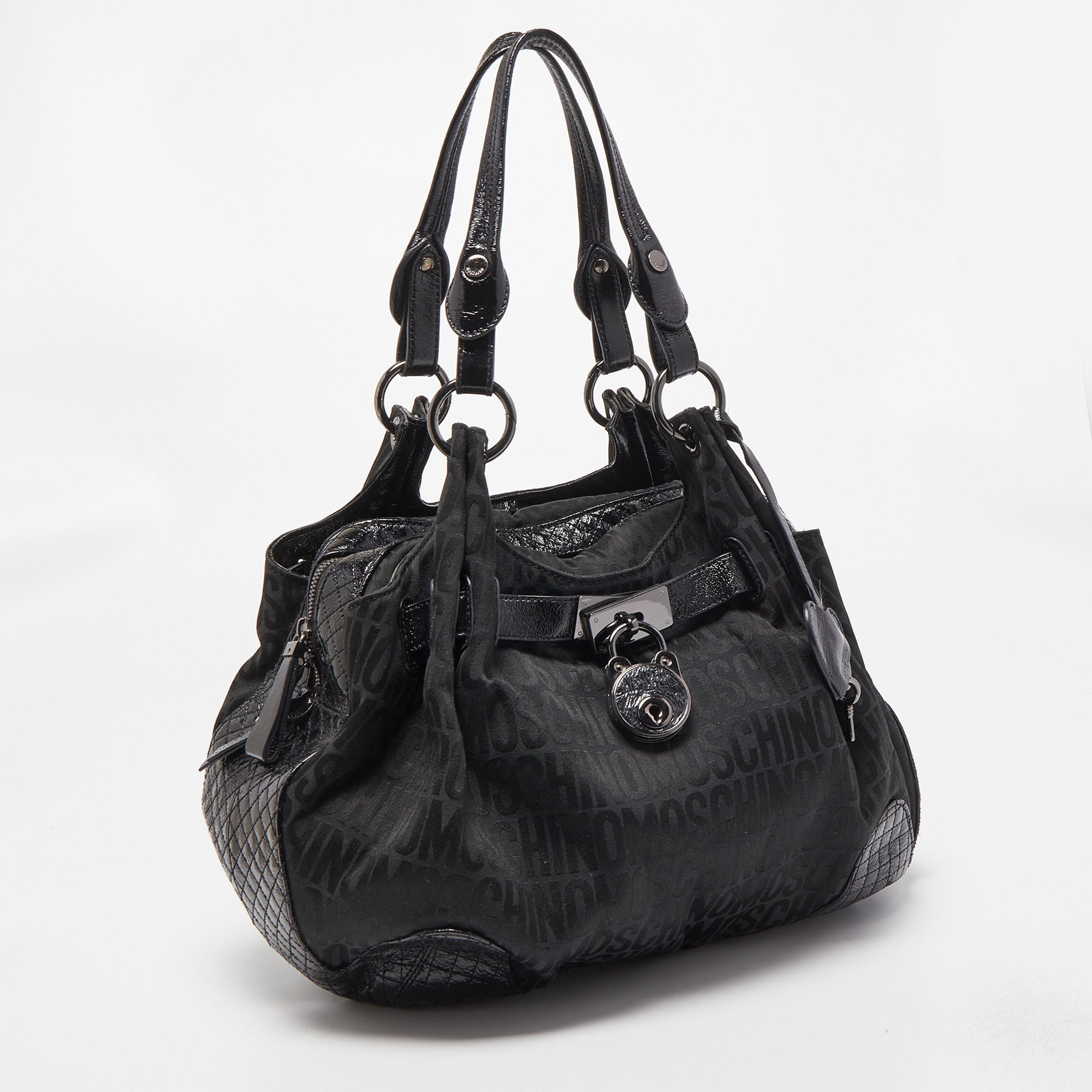 Moschino Black Jacquard Canvas And Patent Leather Padlock Hobo