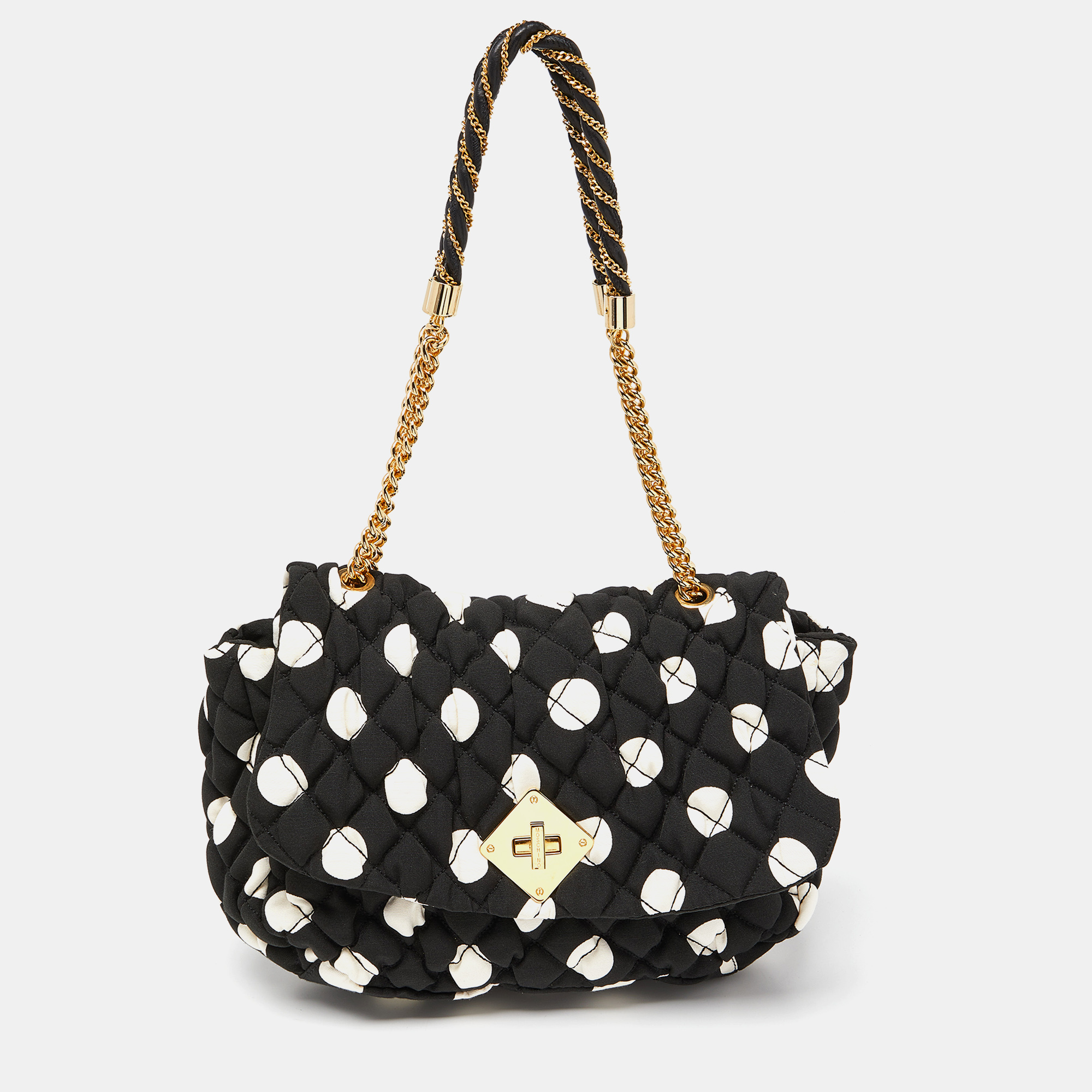 Moschino Black/White Quilted Polka Dots Canvas Flap Shoulder Bag