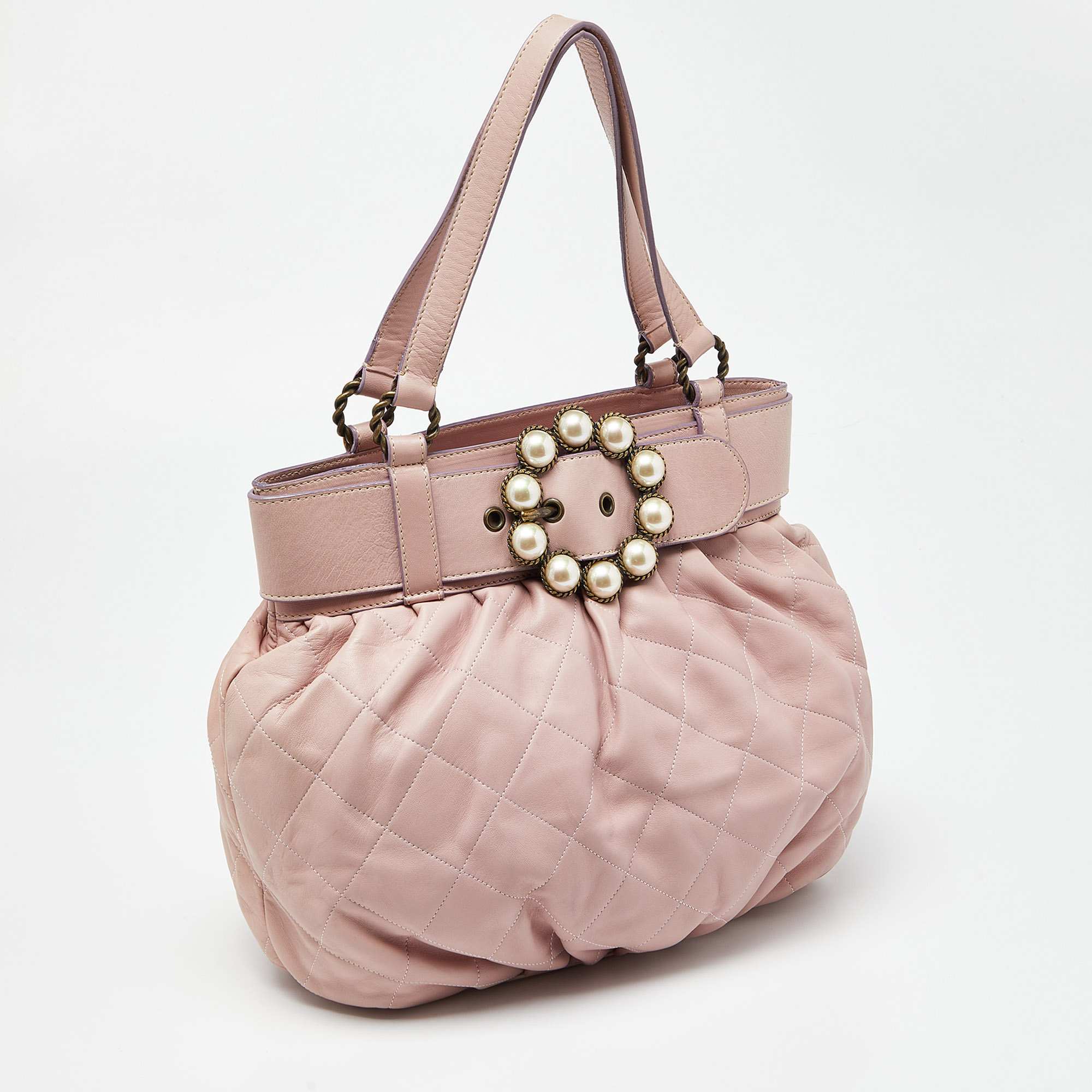 Moschino Pink Quilted Leather Pearl Embellished Satchel