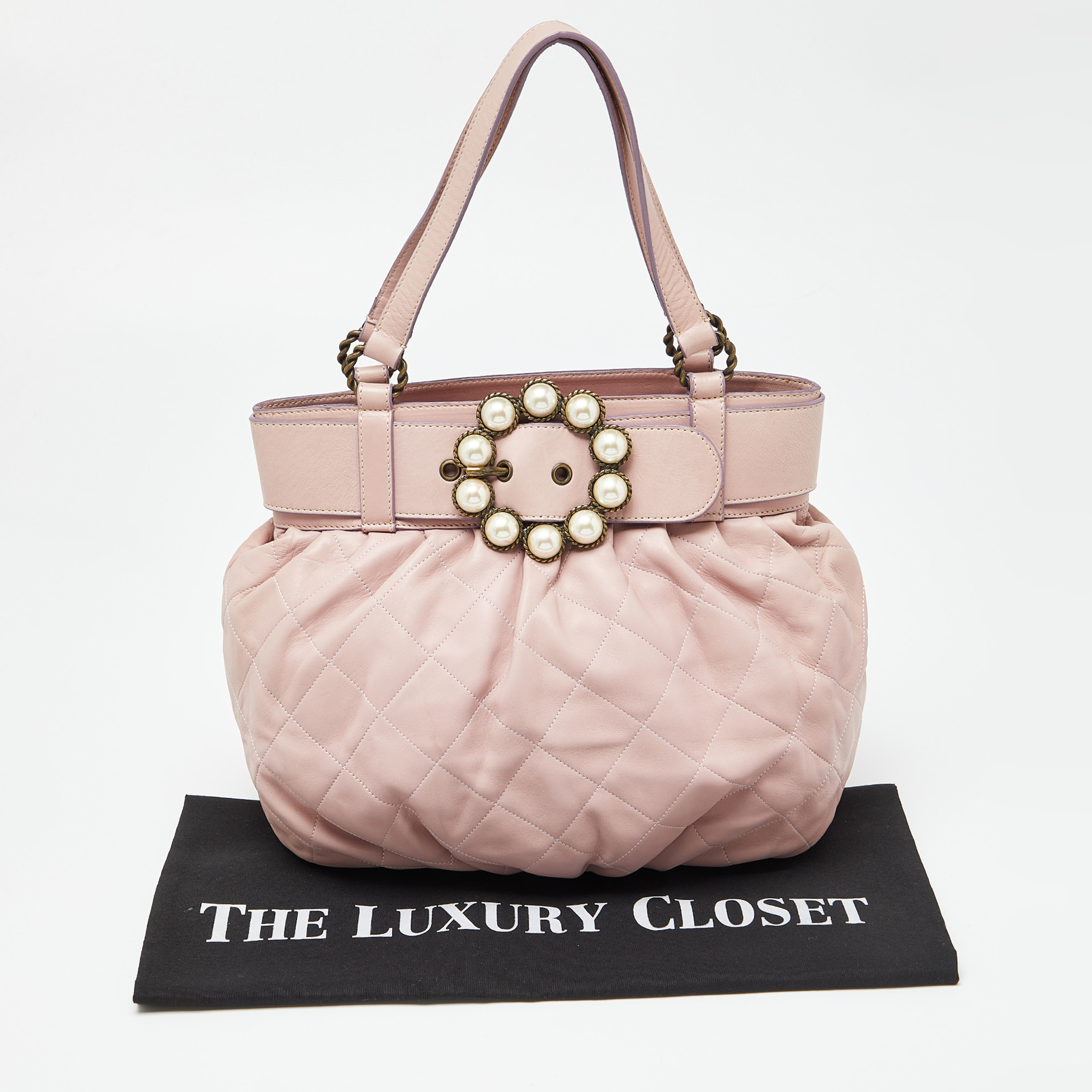Moschino Pink Quilted Leather Pearl Embellished Satchel