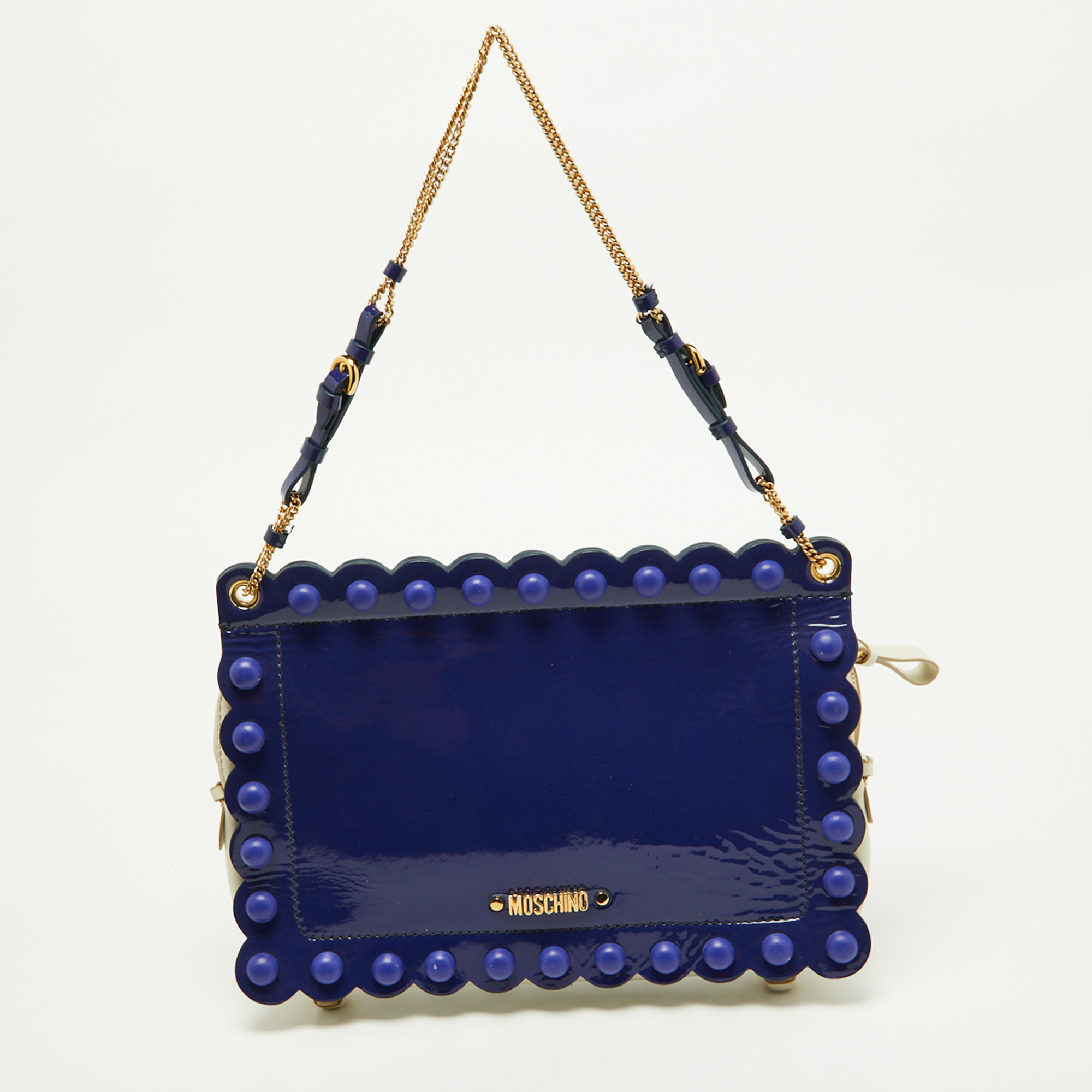 Moschino Purple/White Patent And Leather Studded Flap Shoulder Bag