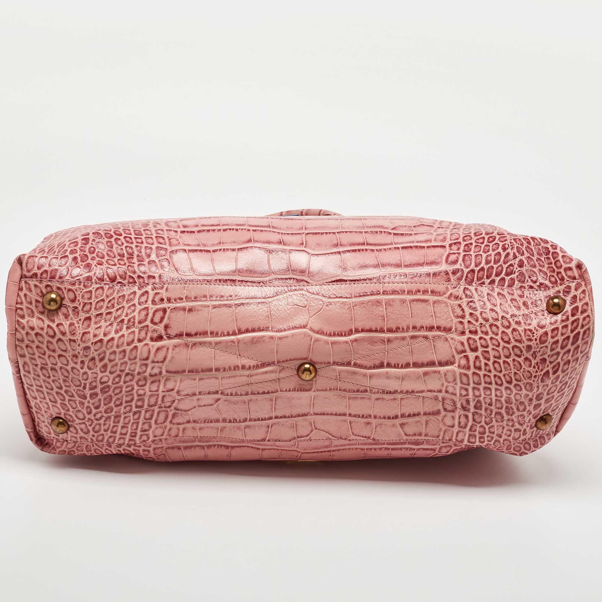 Moschino Pink Croc Embossed Leather Bow Flap Bag