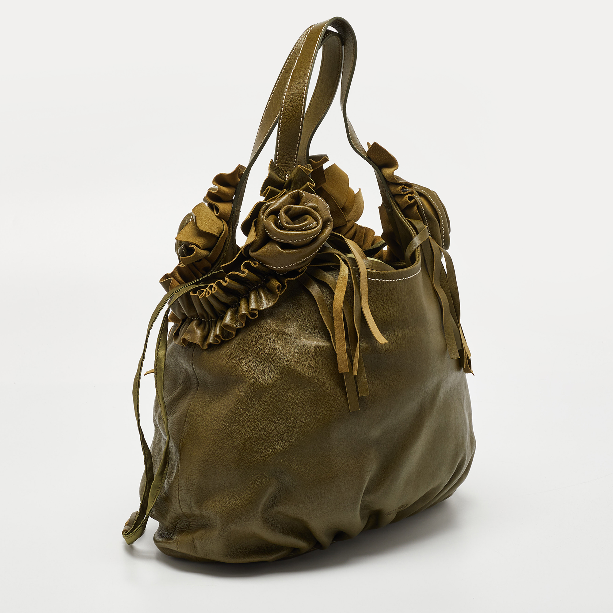Moschino Green Leather And Satin Floral Applique Drawstring Bag