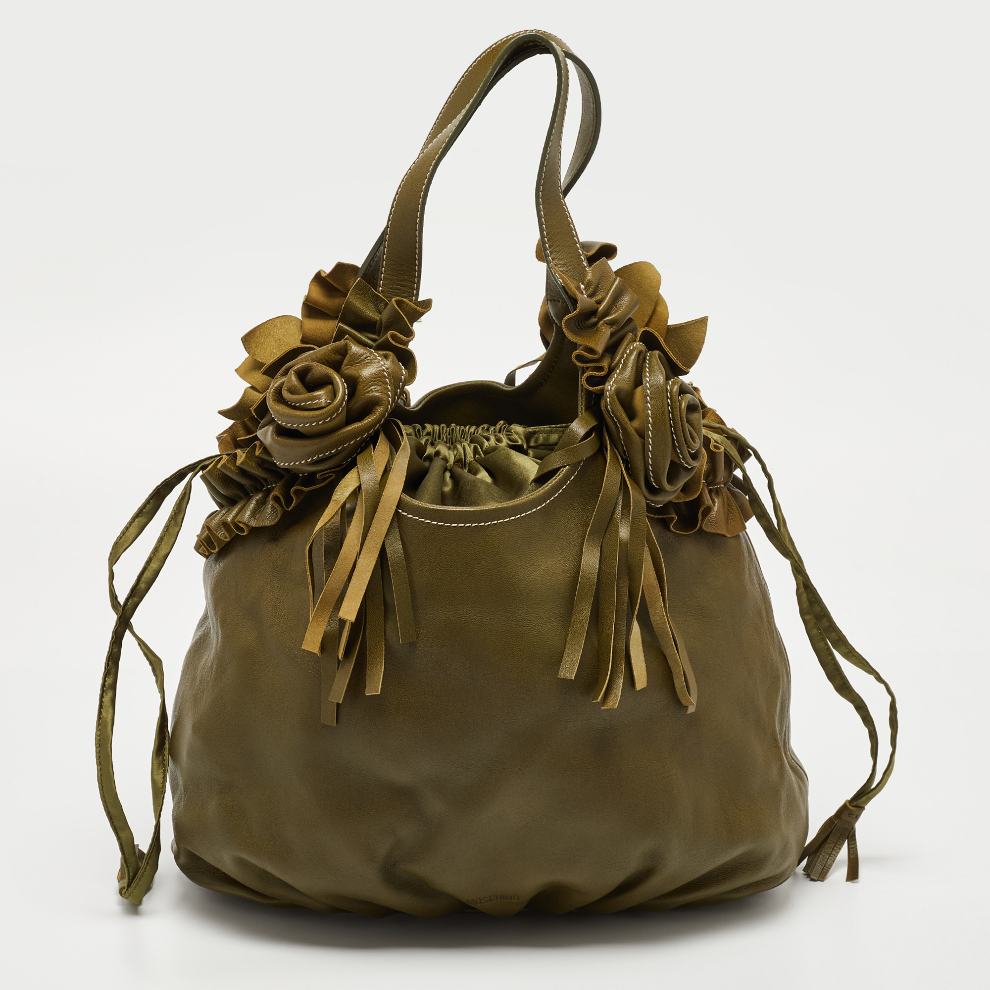 Moschino Green Leather And Satin Floral Applique Drawstring Bag